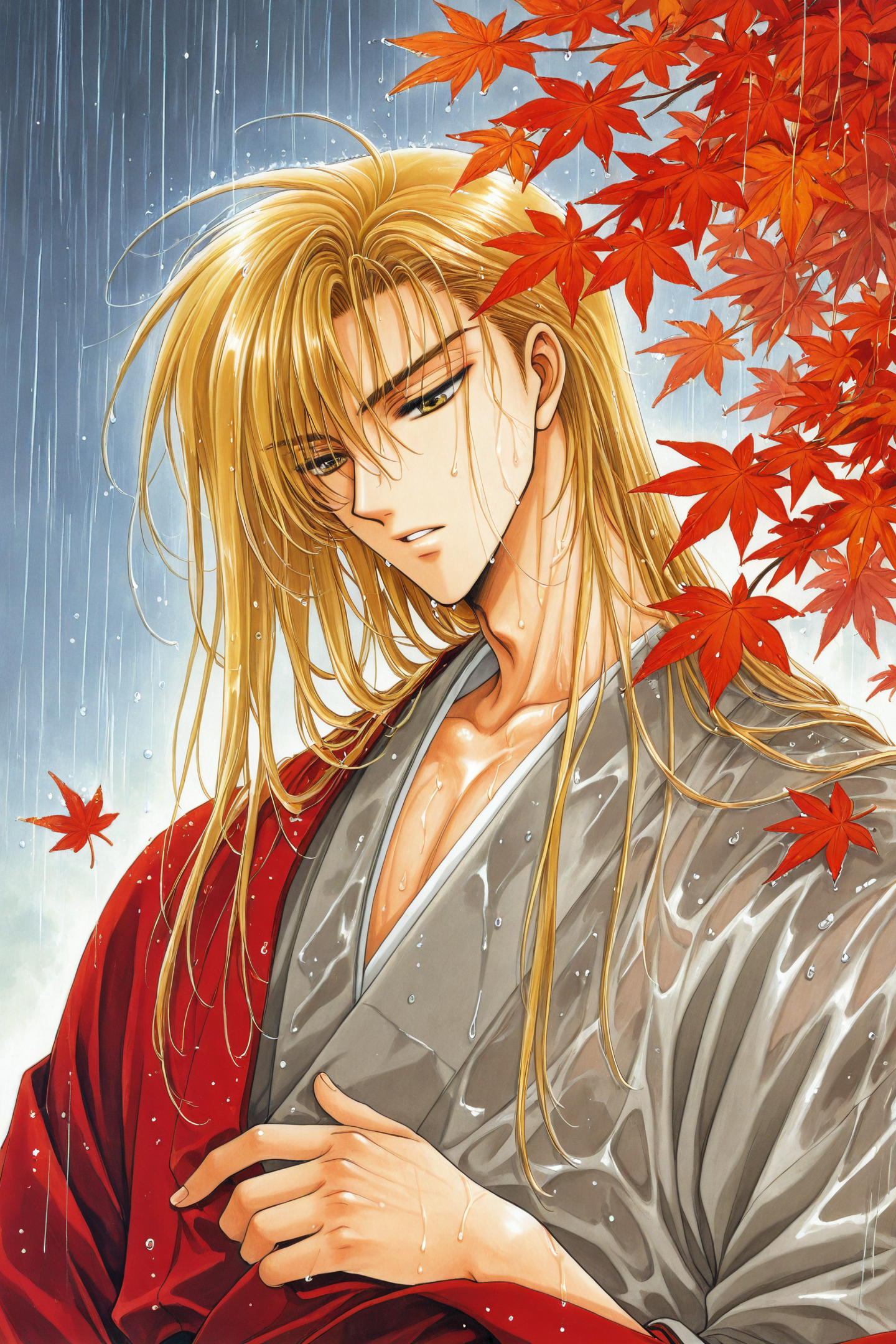 41819-2942541899-solo,male focus,1boy,Kakyou Kuduki,long hair,blonde hair,japanese clothes,leaf,kimono,yellow eyes,wet,parted lips,upper body,wet.png